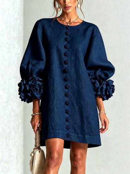 Women's Solid-Color Crew-Neck Button-Front Pullover Relaxed-Fit Dress in Dark Blue - product view