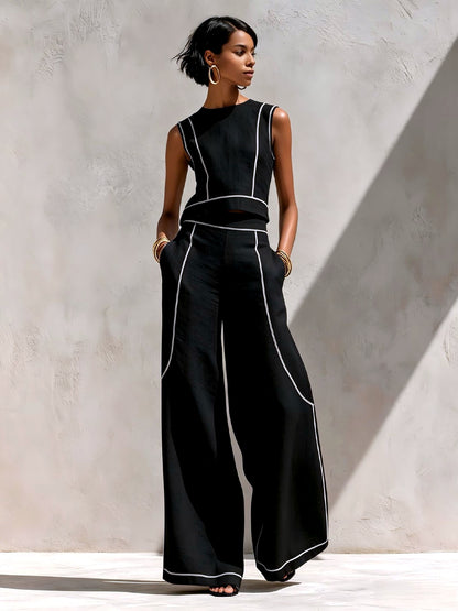Women's Colorblock Sleeveless Wide-Leg Top & Pants Set in Black - product view