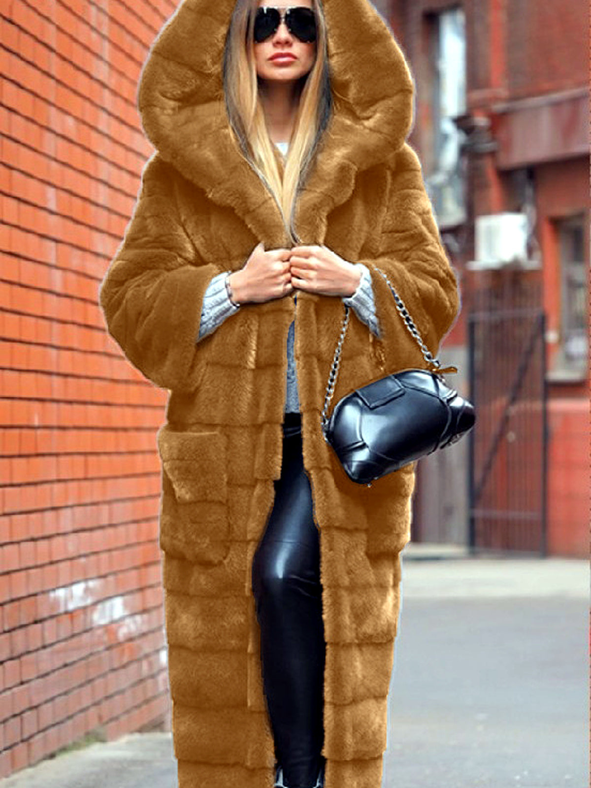 Solid-Color Long-Sleeve Hooded Trench Coat in Camel - product view