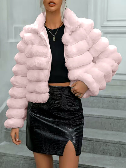 Women's Faux-Fur Long-Sleeve Coat in Pink - product view