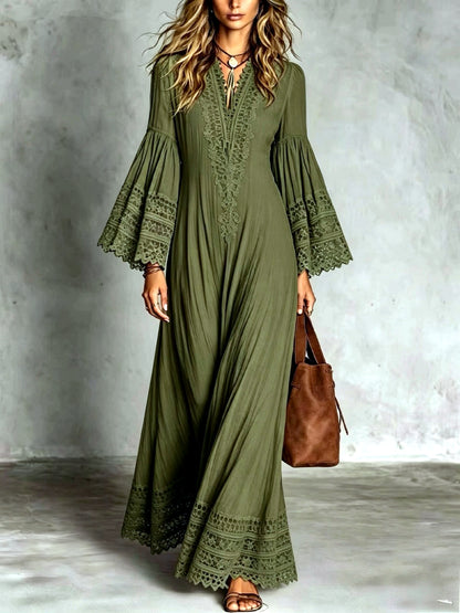 Lace-Trim Patchwork Vintage-Inspired Dress in Army Green - product view