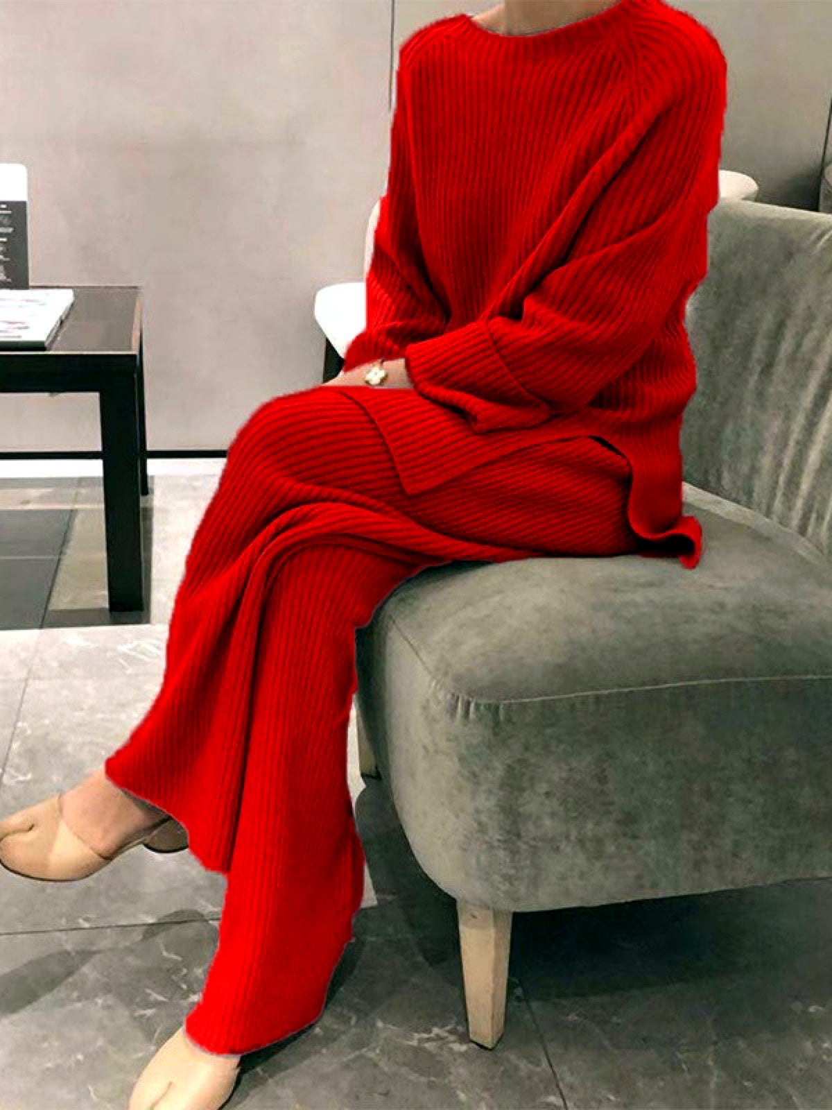 Women's Knit Solid-Color Long-Sleeve Two-Piece Set in Red - product view