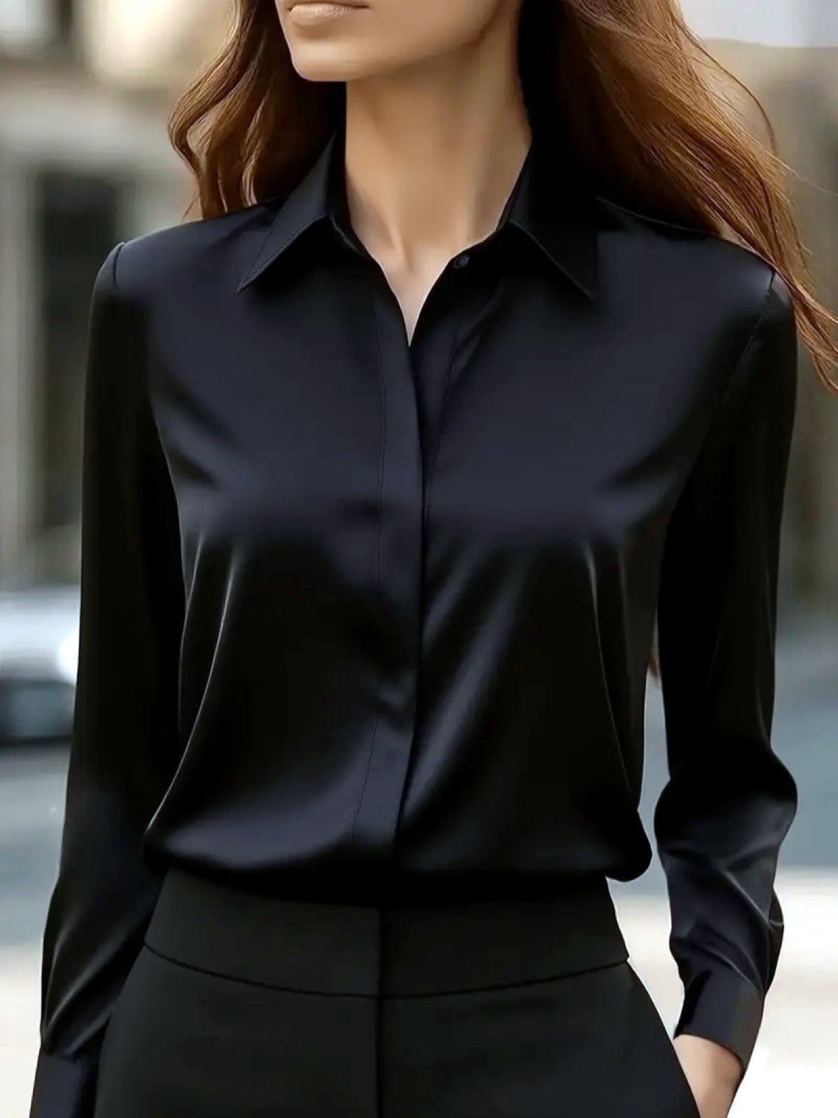 Women's Solid-Color Point-Collar Patchwork Button-Front Shirt in Black - product view