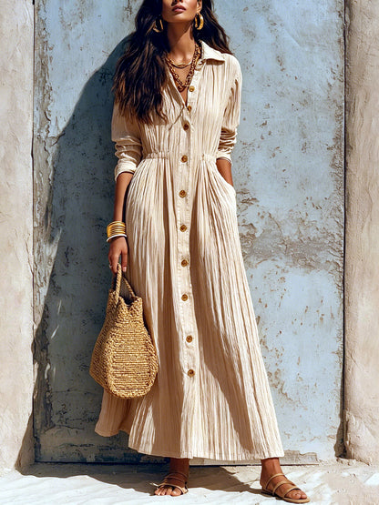 Women's Solid-Color Relaxed-Fit Slim-Fit Point-Collar Long-Sleeve Vacation Dress in Khaki - product view