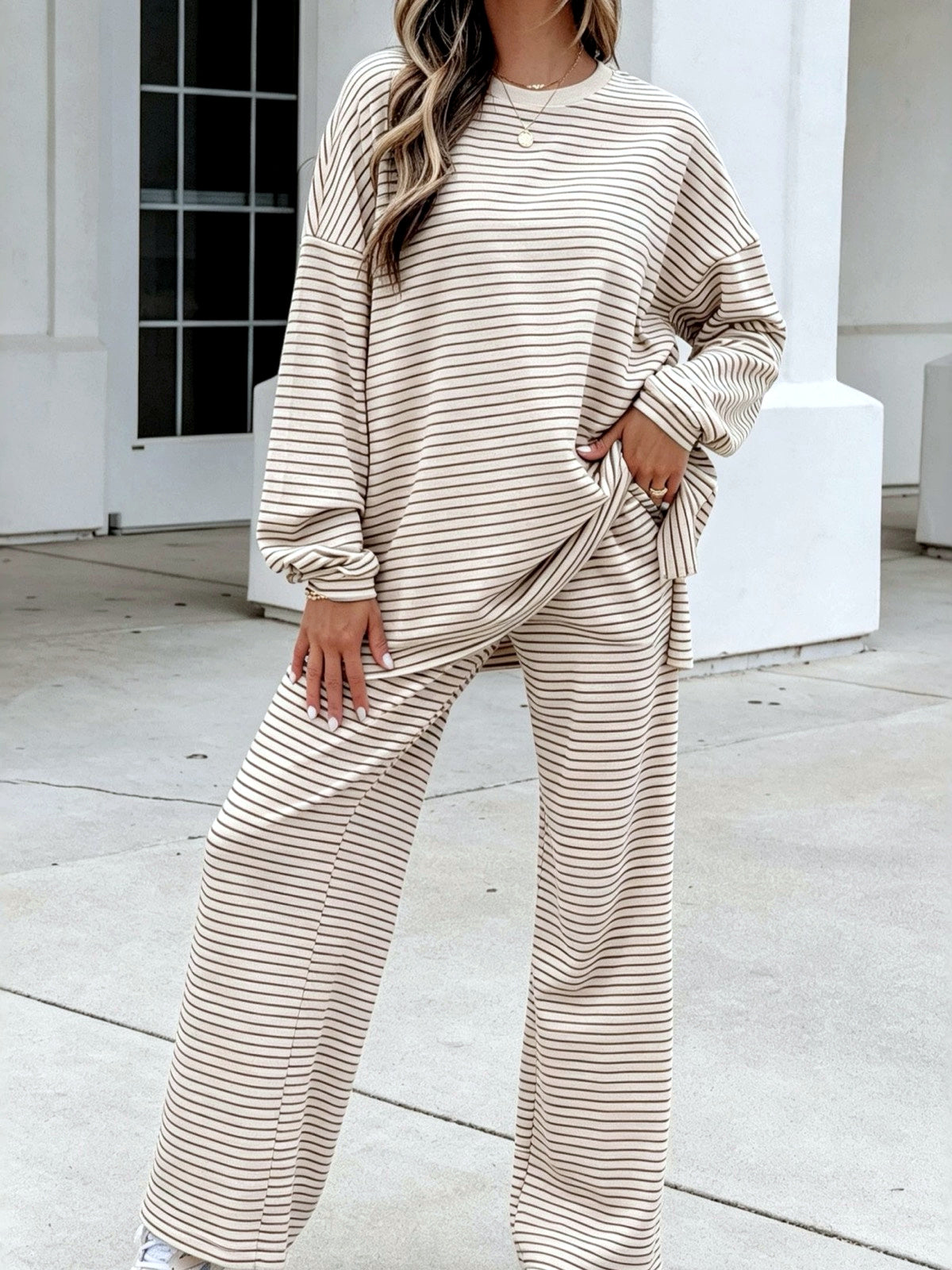 Women's Striped Printed Two-Piece Set in Apricot - product view