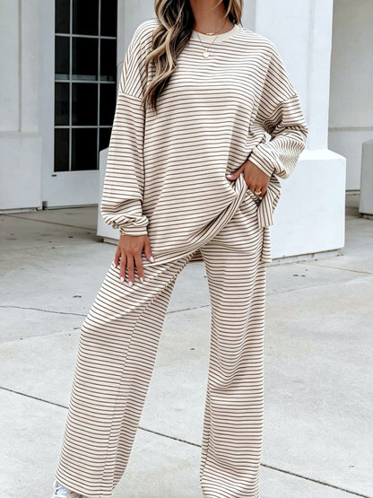 Women's Striped Printed Two-Piece Set in Apricot - product view