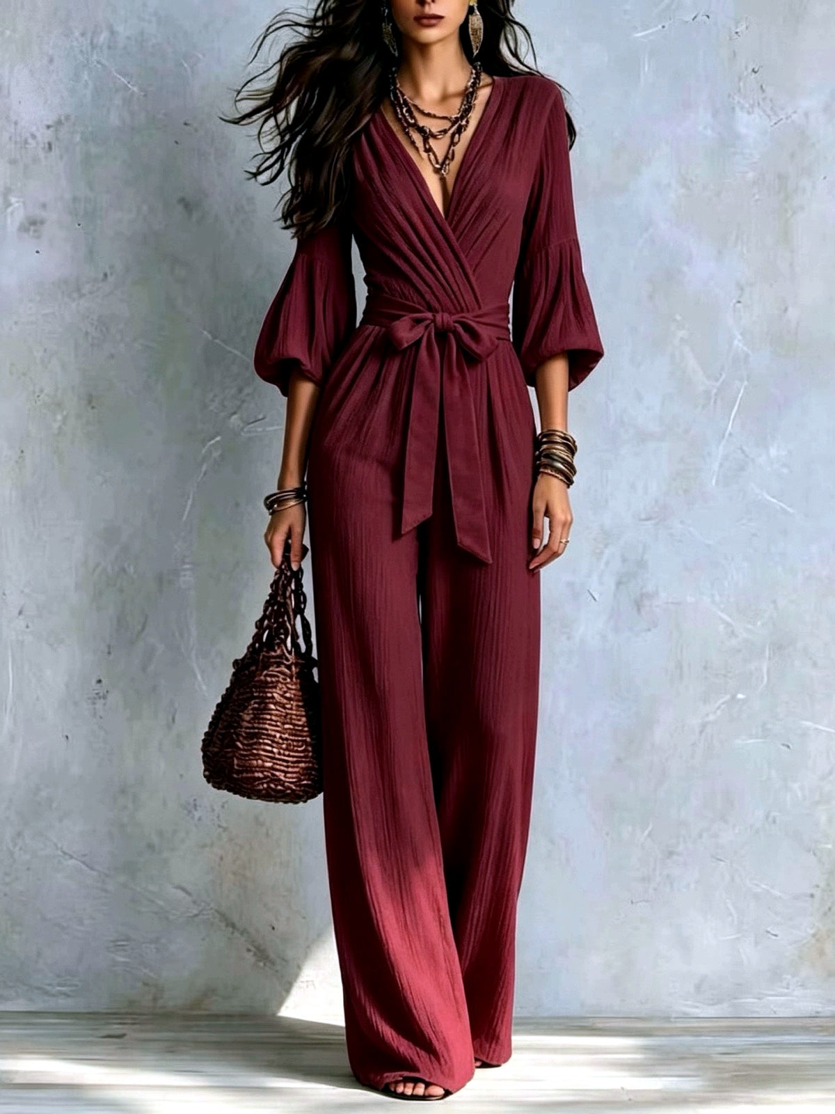 Women's Longline High-Waist Wide-Leg Pants in Burgundy - product view