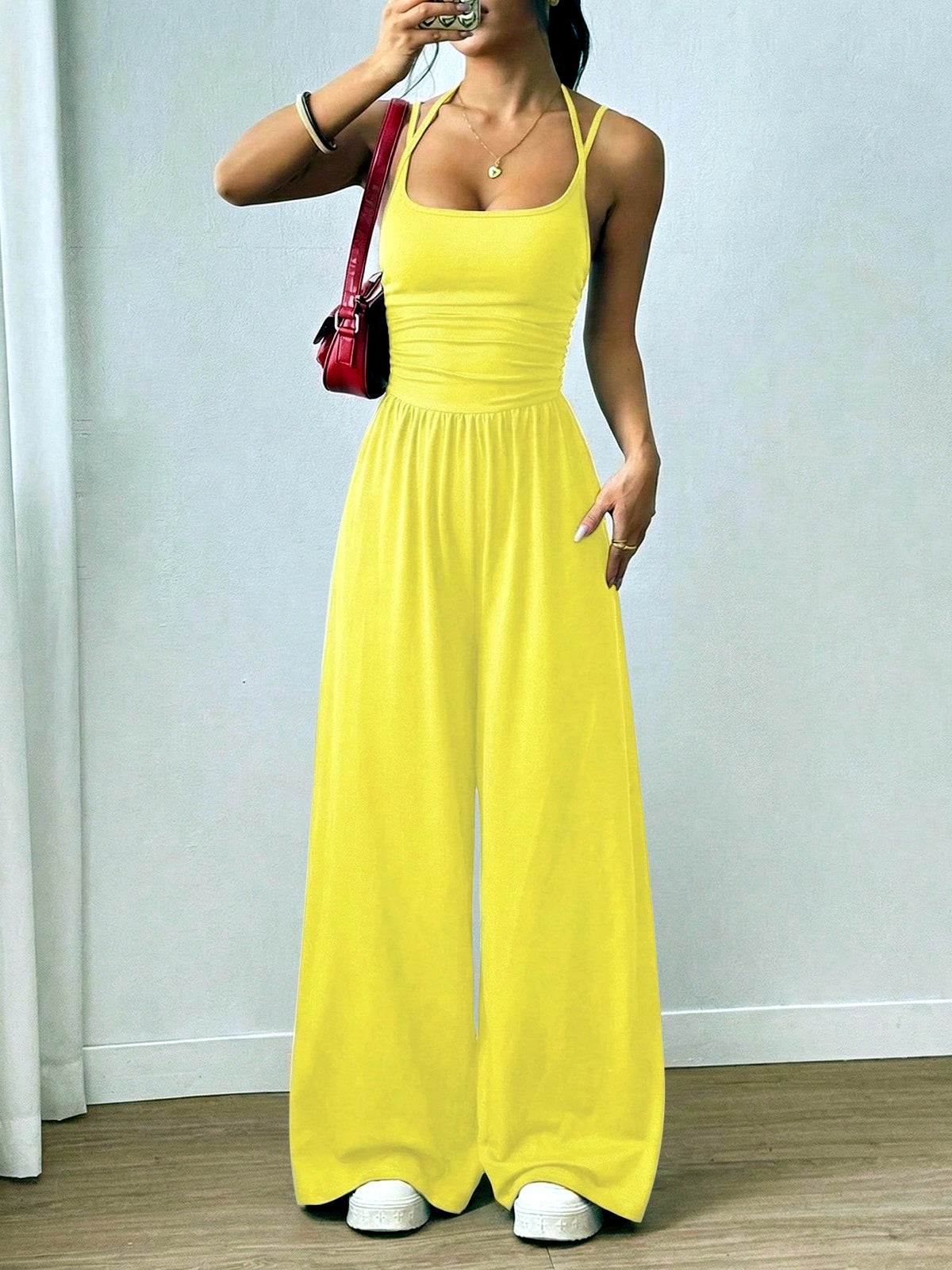 Women's Relaxed-Fit Sleeveless Stretch High-Waist Wide-Leg Jumpsuit in Yellow - product view
