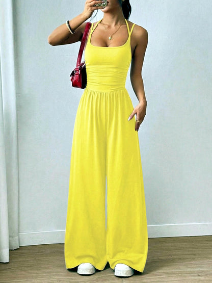 Women's Relaxed-Fit Sleeveless Stretch High-Waist Wide-Leg Jumpsuit in Yellow - product view