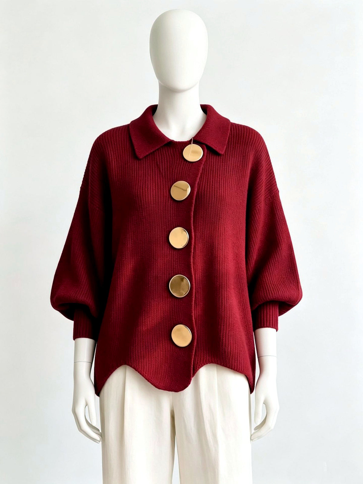 Knit Point-Collar Relaxed-Fit Cardigan in Red - product view