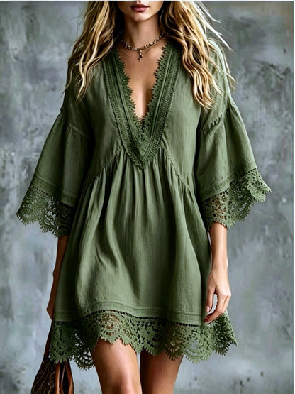 Women's Lace-Trim Patchwork Longline Mid-Length Dress in Army Green - product view