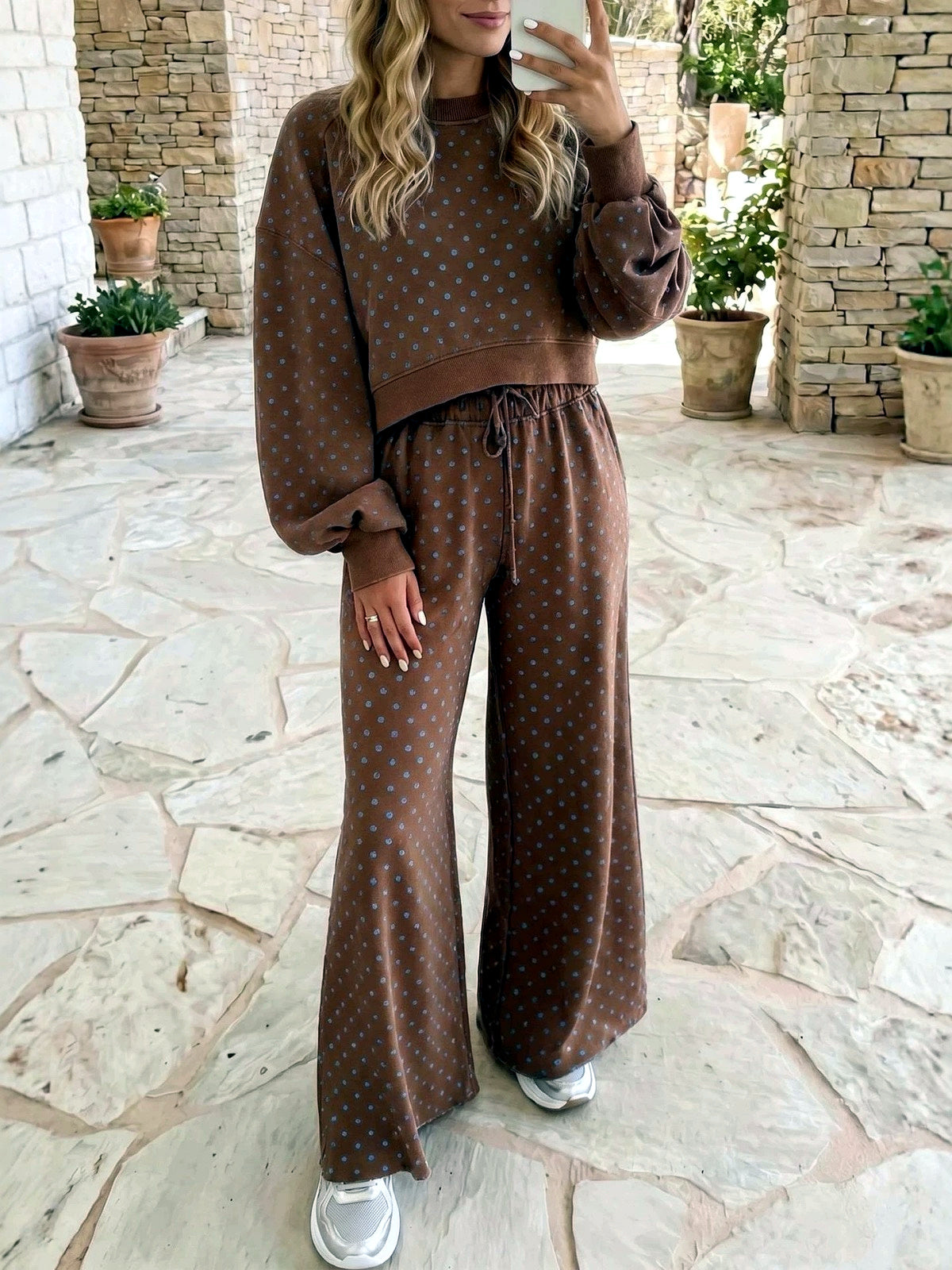 Women's Printed Polka-Dot High-Waist Wide-Leg Top & Pants Set in Coffee Brown - product view