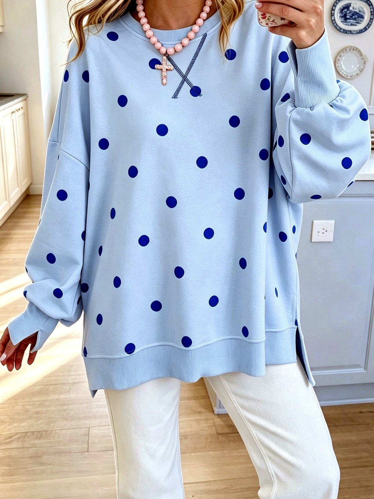 Women's Colorblock Printed Pullover Relaxed-Fit Long-Sleeve Top in Blue - product view