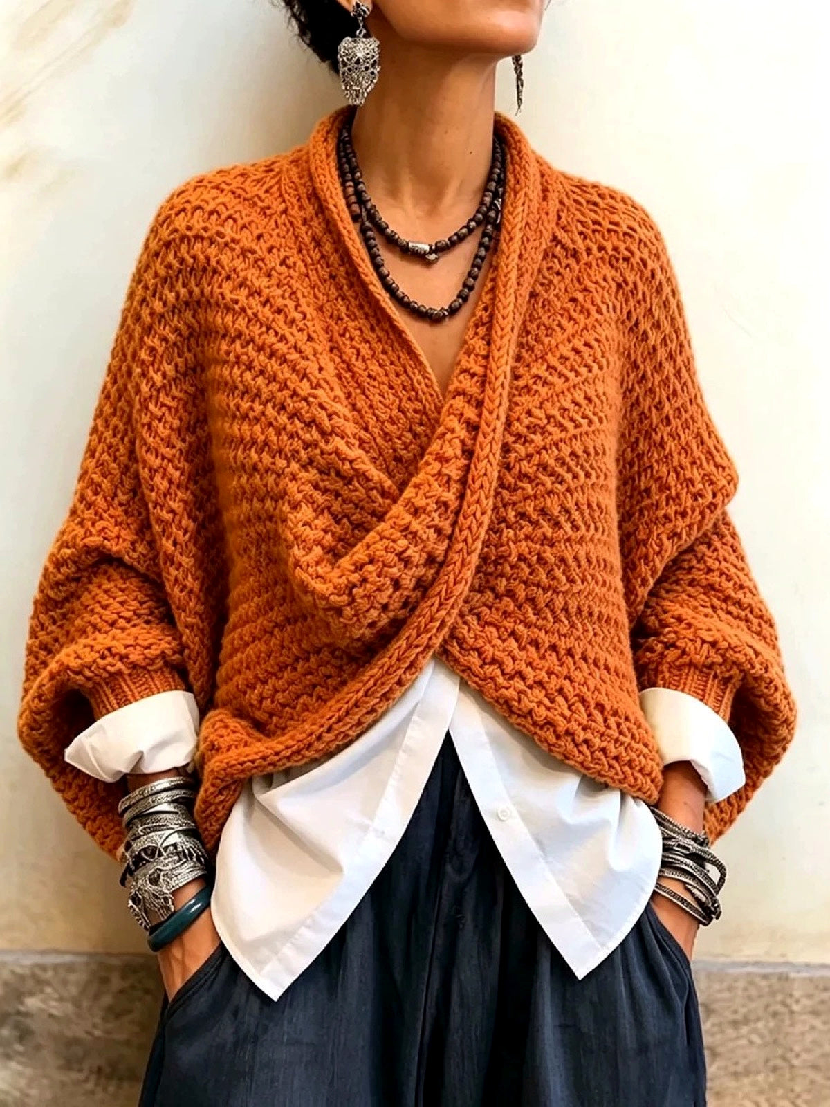 Knit Solid-Color V-Neck Pullover Relaxed-Fit Long-Sleeve Woven Sweater in Orange - product view