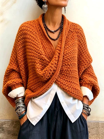Knit Solid-Color V-Neck Pullover Relaxed-Fit Long-Sleeve Woven Sweater in Orange - product view