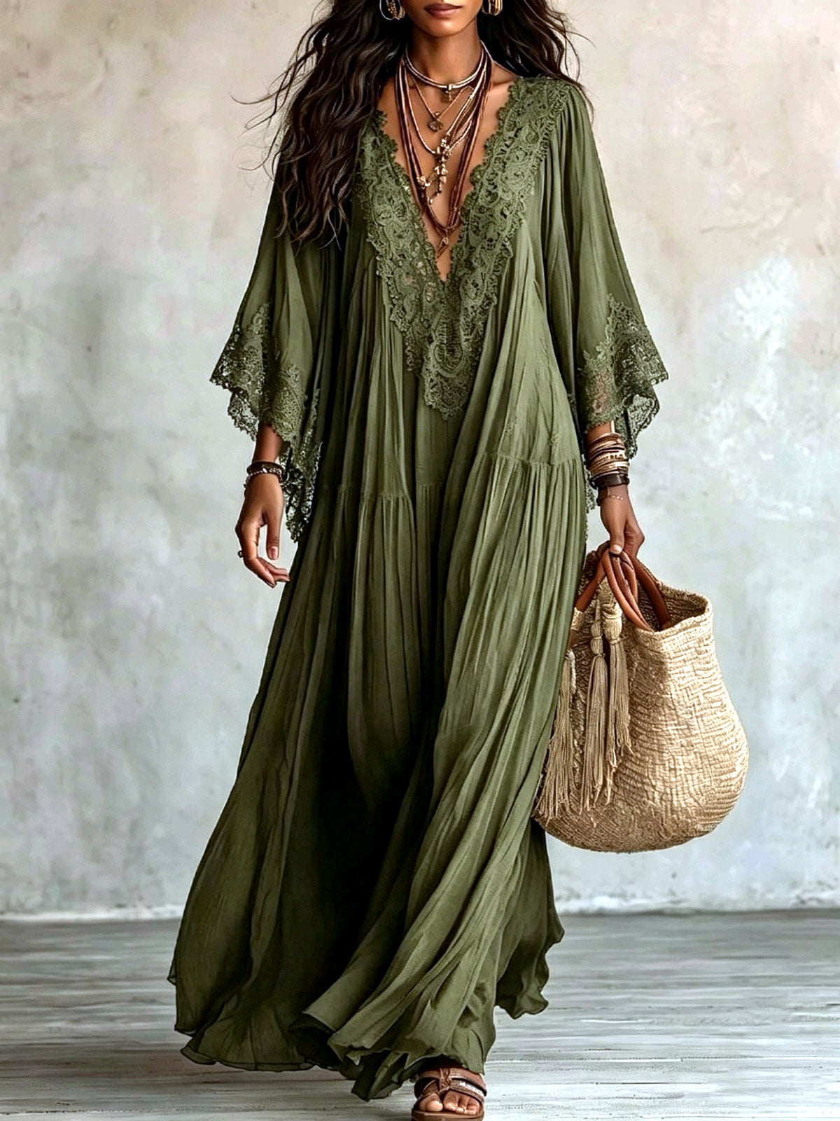 Women's Lace-Trim Patchwork Batwing-Sleeve Longline Dress in Army Green - product view