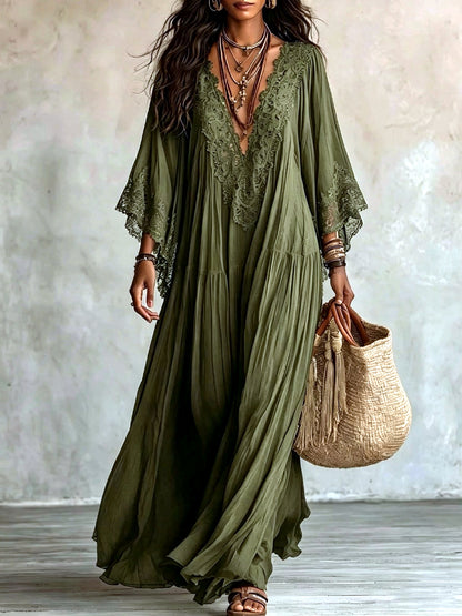 Women's Lace-Trim Patchwork Batwing-Sleeve Longline Dress in Army Green - product view
