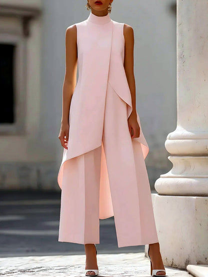 Solid-Color Patchwork Asymmetric Sleeveless Wide-Leg Top & Pants Set in Pink - product view