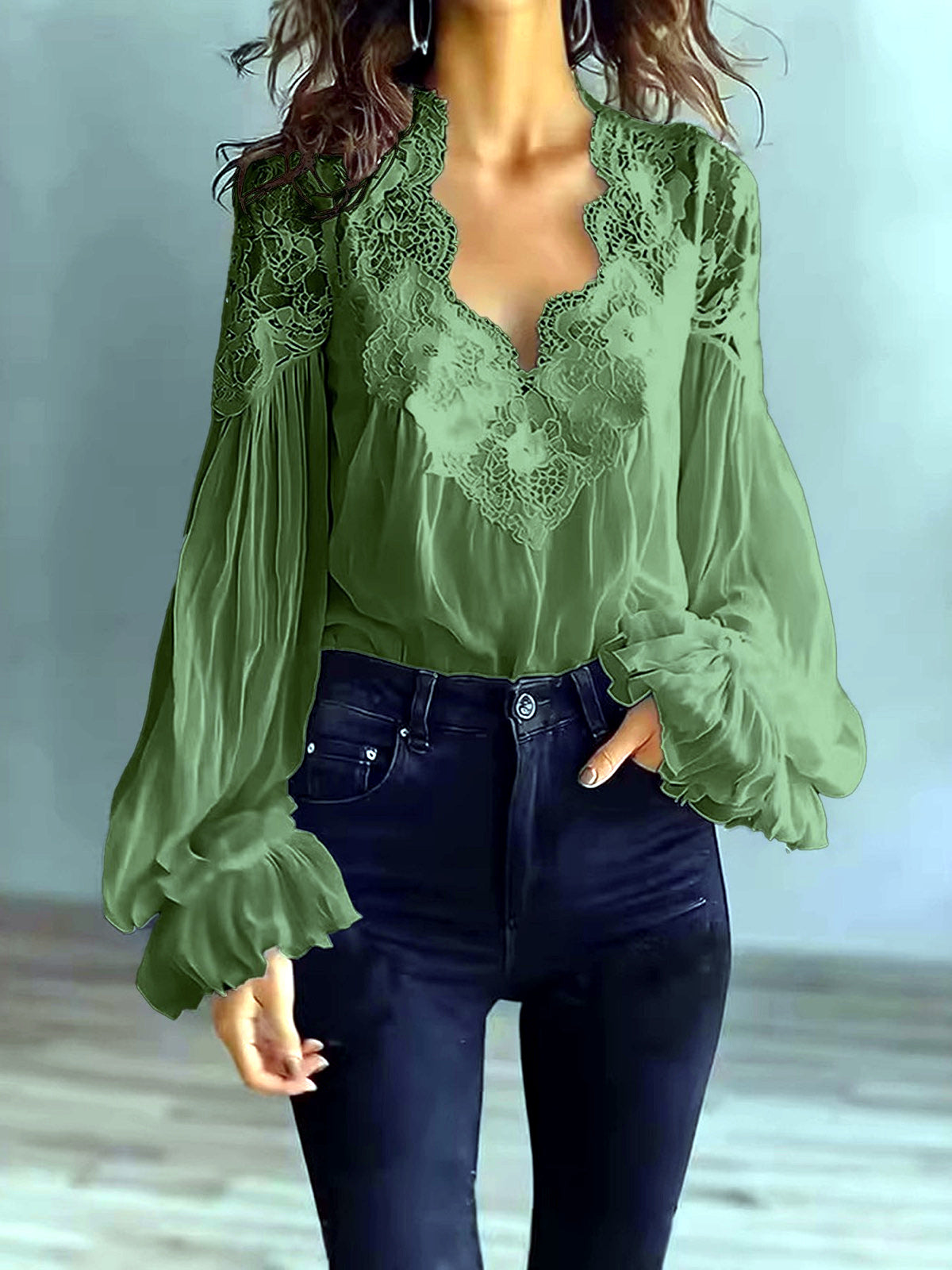 Women's Lace-Trim Patchwork Shirt in Army Green - product view