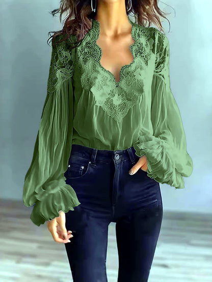 Women's Lace-Trim Patchwork Shirt in Army Green - product view