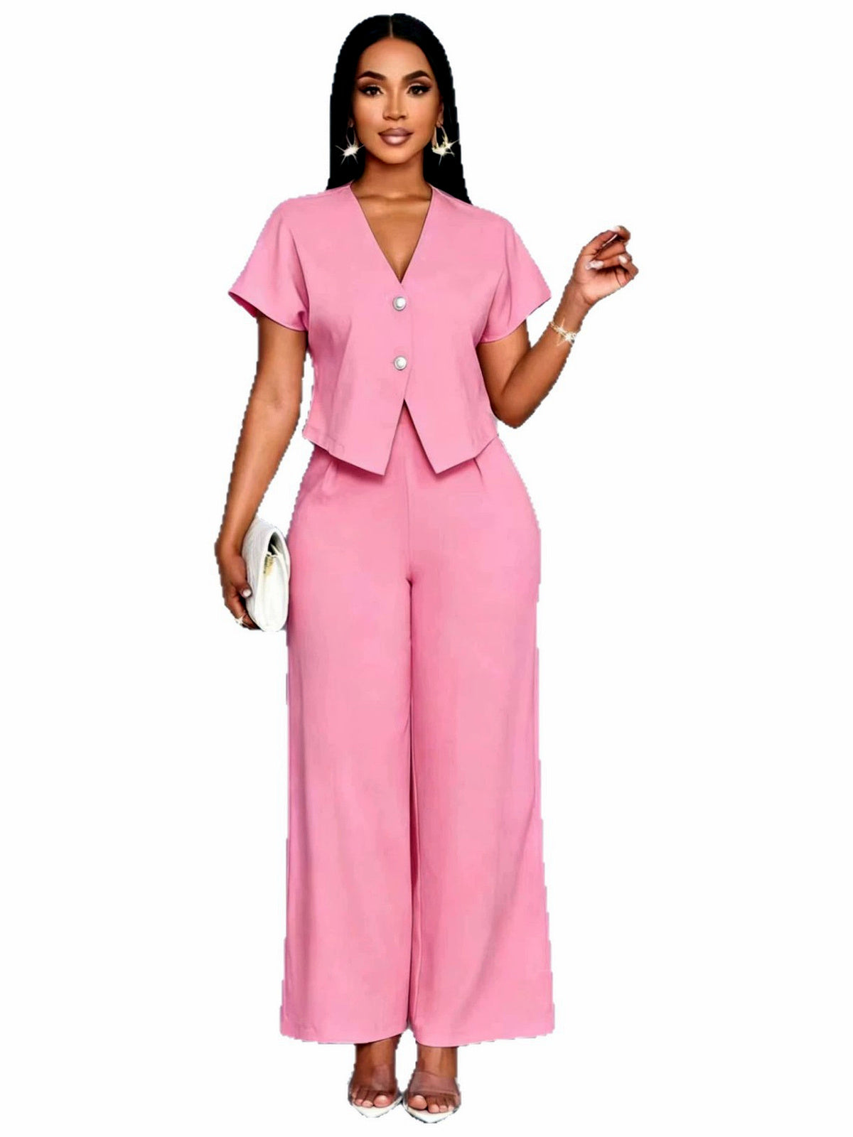 Solid-Color V-Neck Button-Front Asymmetric Short-Sleeve Pocket Top & Pants Set - product detail view 2