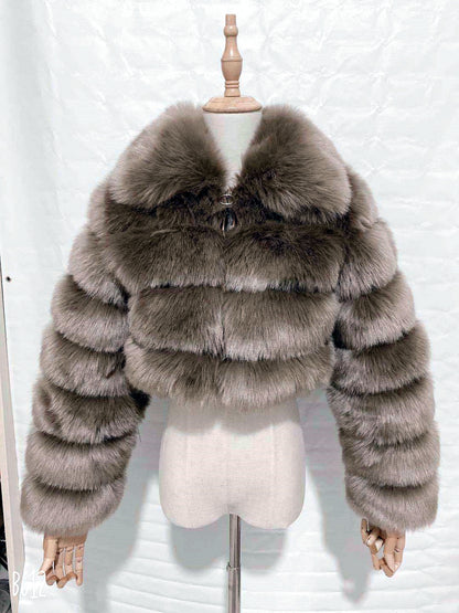 Women's Faux-Fur Point-Collar Stand-Collar Patchwork Long-Sleeve Coat in Khaki - product view