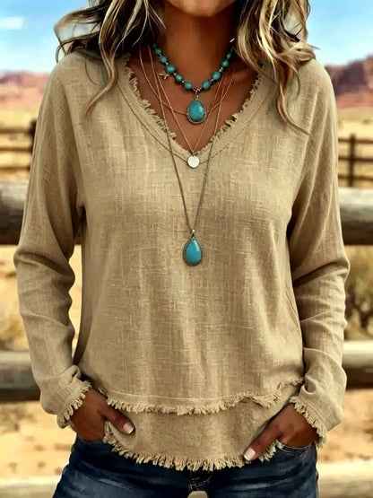 Women's Solid-Color V-Neck Relaxed-Fit Long-Sleeve T-Shirt in Khaki - product view