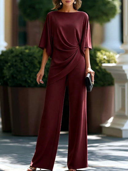Solid-Color Relaxed-Fit Batwing-Sleeve High-Waist Top & Pants Set in Burgundy - product view