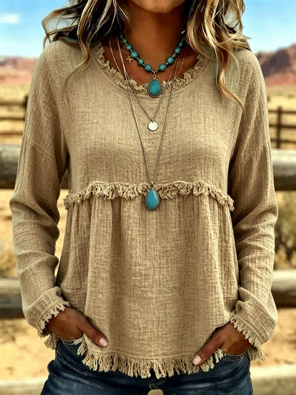 Crew-Neck Long-Sleeve Vintage-Inspired Shirt in Khaki - product view