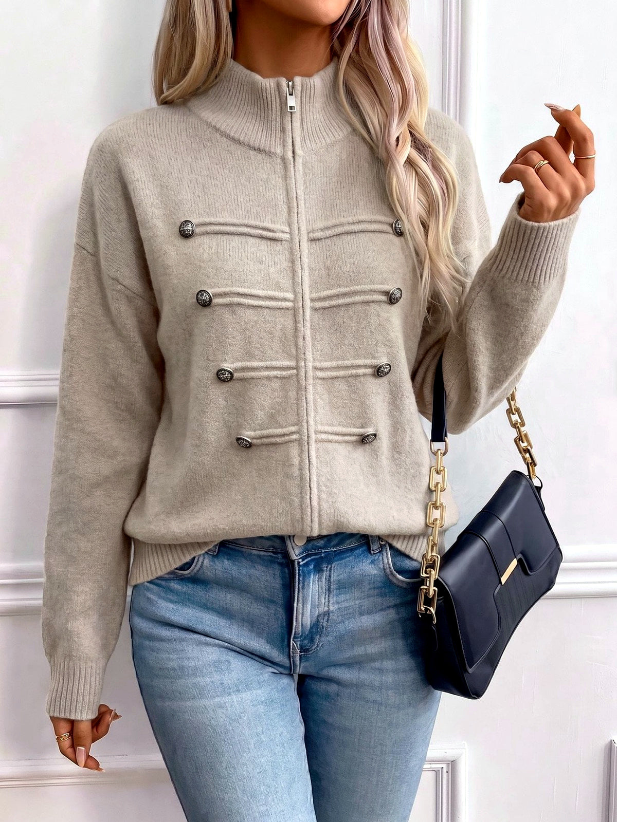 Women's Knit Stand-Collar Zip-Front Cardigan in Khaki - product view
