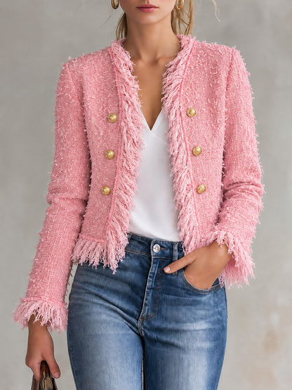 Tweed-Texture Fringe-Trim Cropped Blazer