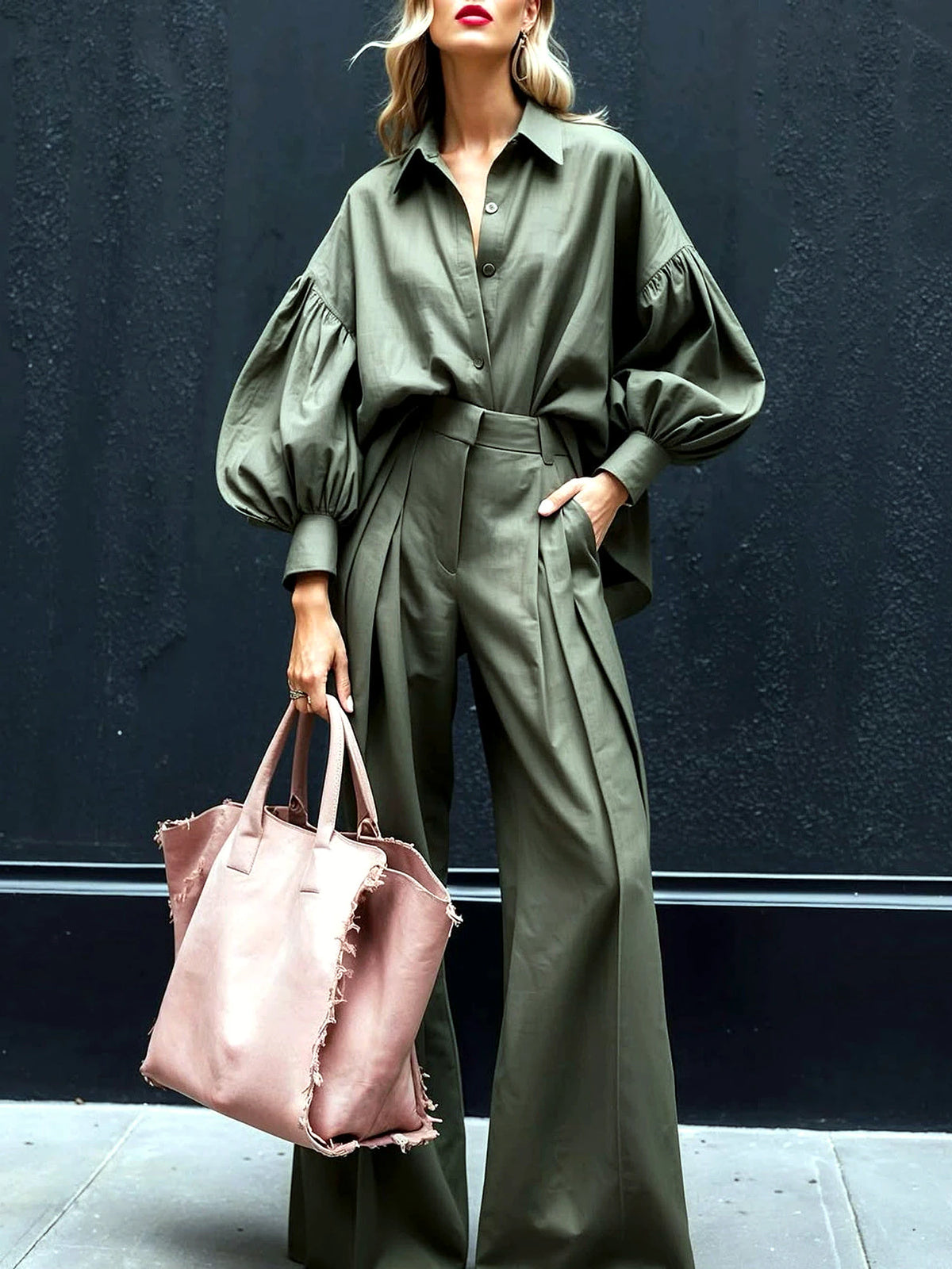 Linen-Blend Solid-Color Patchwork Long-Sleeve Wide-Leg Top & Pants Set in Army Green - product view