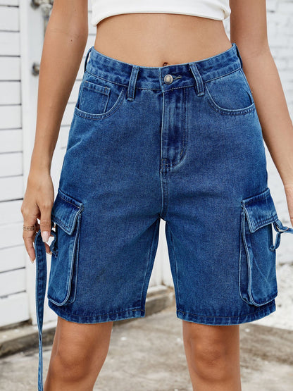 Women’s Washed Cargo Denim Bermuda Shorts Mid Waist Utility Pocket Streetwear Jean Shorts