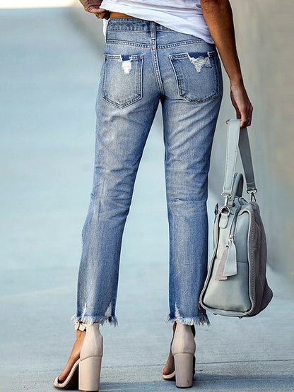 Women's Ripped Cropped Straight Jeans, Washed Distressed Denim Pants with Raw Hem Casual Fit