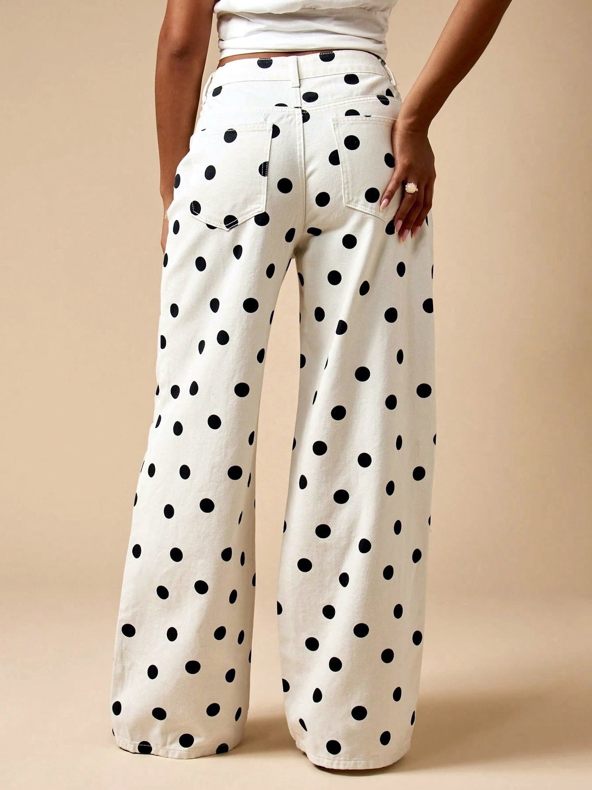 Women's High Waist Printed Wide Leg Jeans, Polka Dot Straight Denim Pants