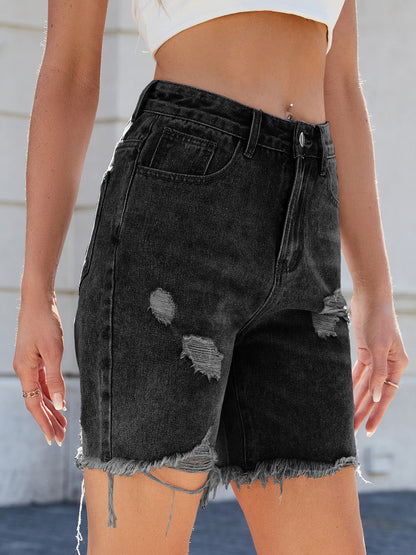 Women’s Distressed Denim Bermuda Shorts Ripped Raw Hem Streetwear Knee Length Jean Shorts