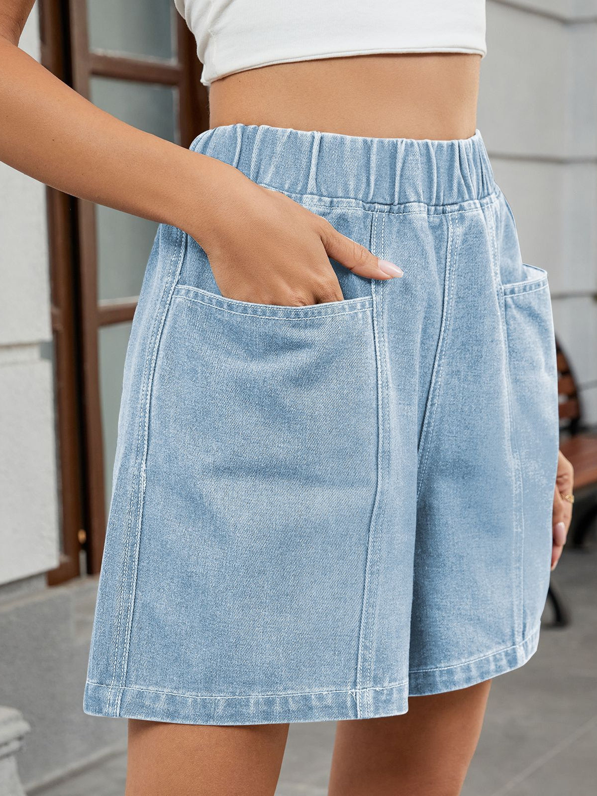 Women’s Elastic Waist Washed Denim Bermuda Shorts Loose Fit Summer Casual Jean Shorts with Pockets