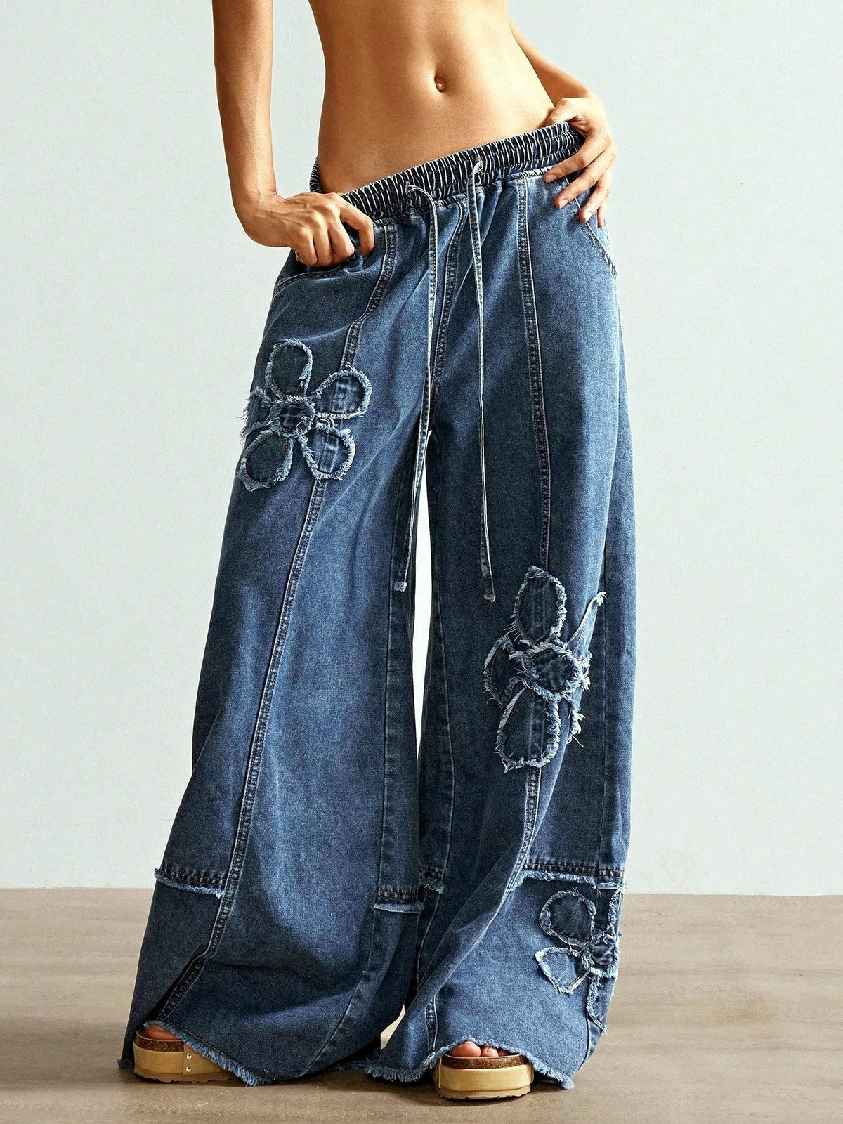 Women's High Waist Embroidered Wide Leg Jeans, Floor Length Streetwear Denim Pants