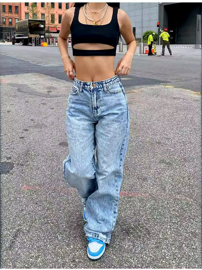 Women's Washed Denim Distressed Slim-Fit High-Waist Straight-Leg Vintage-Inspired Jeans - product detail view 2