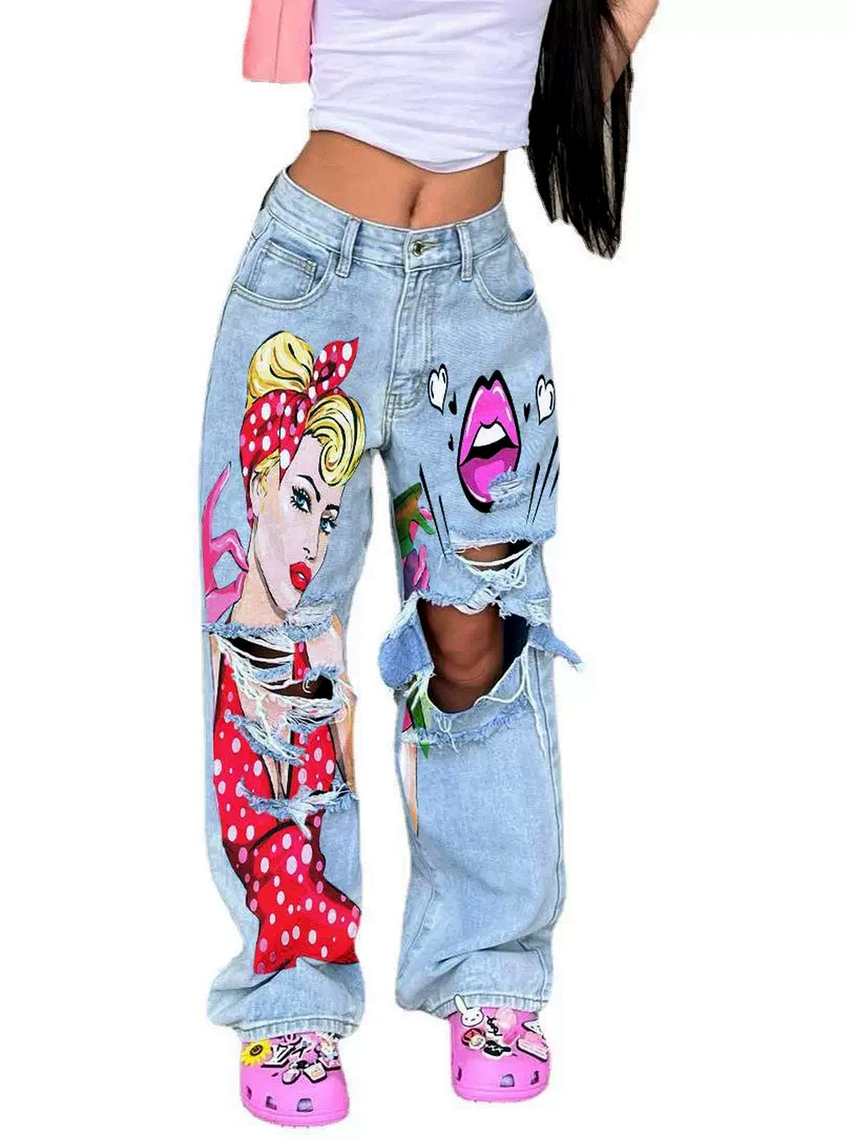 Women's Washed Denim High-Waist Wide-Leg Jeans - product detail view 1