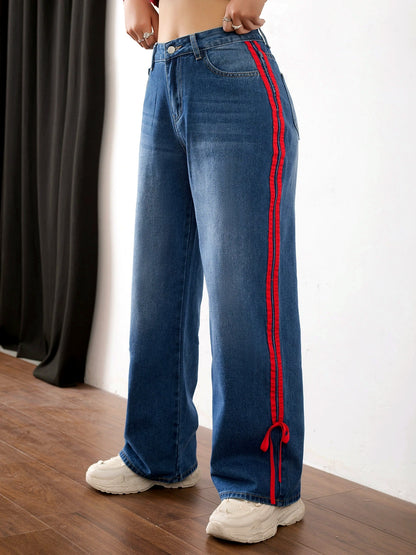 Women's Washed Denim Patchwork Mid-Rise Wide-Leg Straight-Leg Pants - product detail view 3