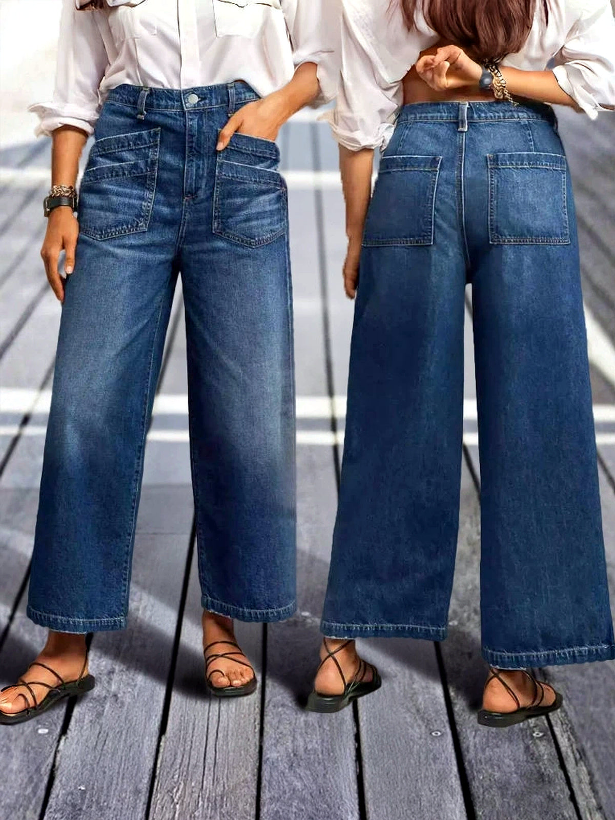 Women's Washed Stretch Denim Mid-Rise Wide-Leg Pocket Jeans - product detail view 3