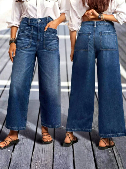 Women's Washed Stretch Denim Mid-Rise Wide-Leg Pocket Jeans - product detail view 3