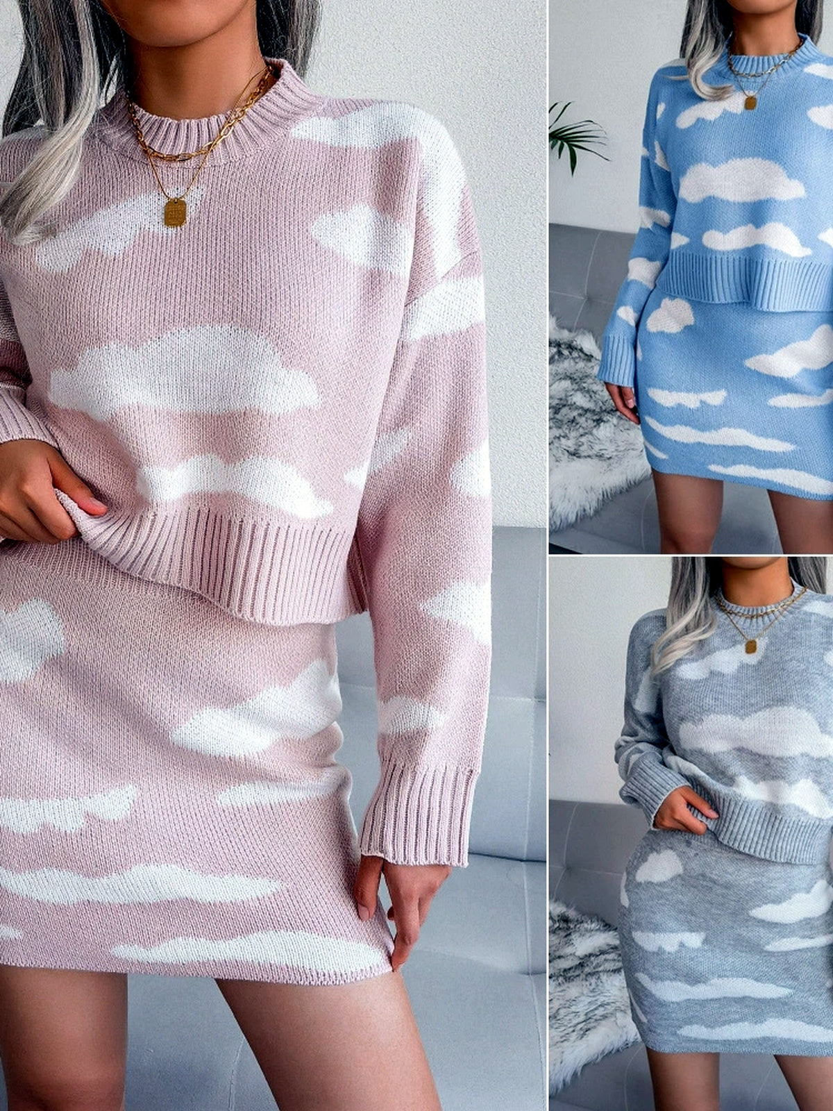 Women's Knit Slim-Fit Mid-Rise Long-Sleeve Streetwear Top & Skirt Set - product detail view 1