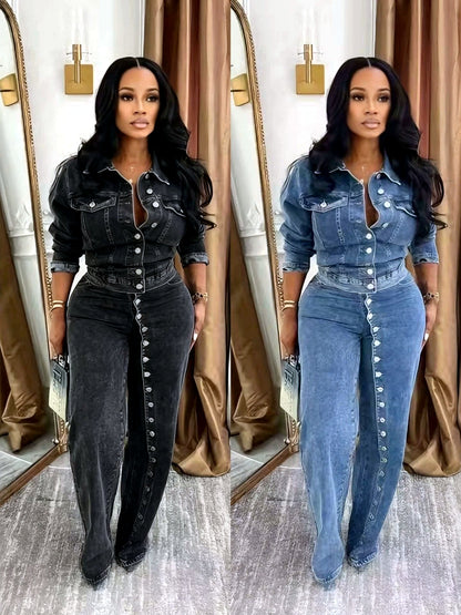 Women's Denim Button-Front Washed Two-Piece Set - product detail view 2