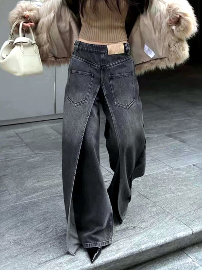 Women's Denim Patchwork Stretch High-Waist Wide-Leg Jeans - product detail view 3
