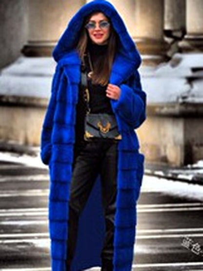 Solid-Color Long-Sleeve Hooded Trench Coat in Blue - product view