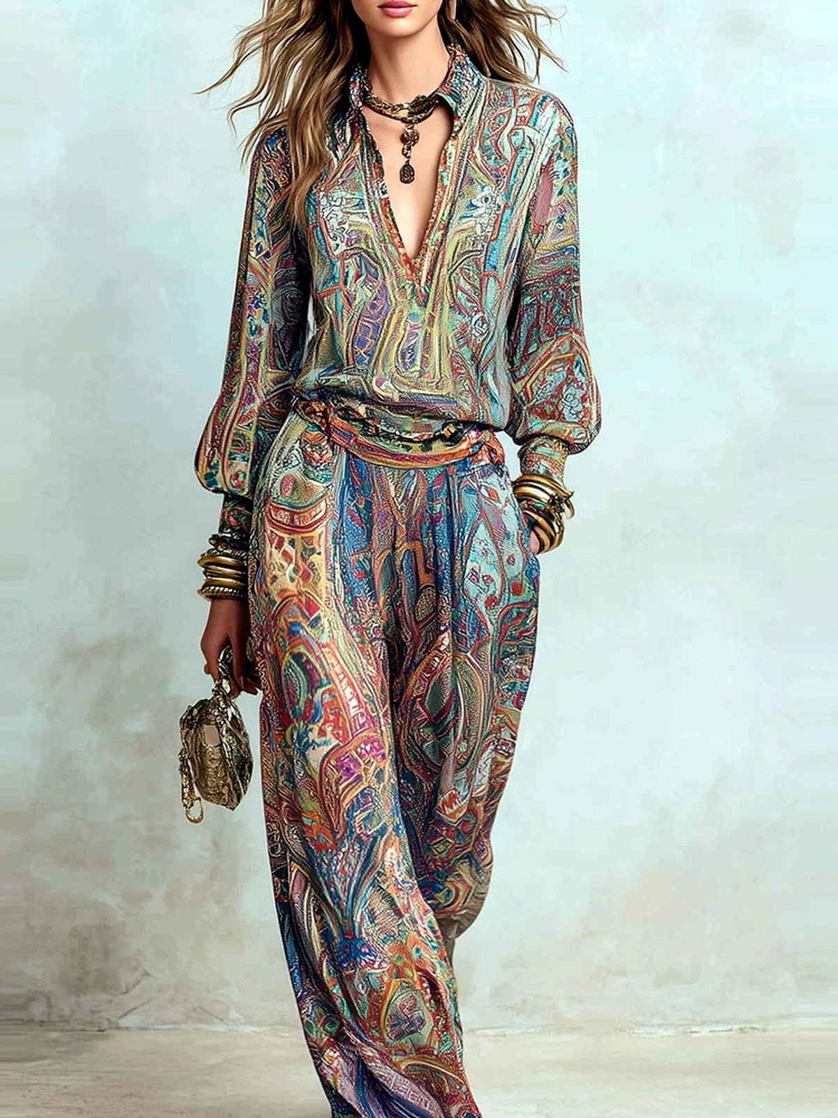 Women's V-Neck Long-Sleeve Wide-Leg Top & Pants Set - product detail view 1