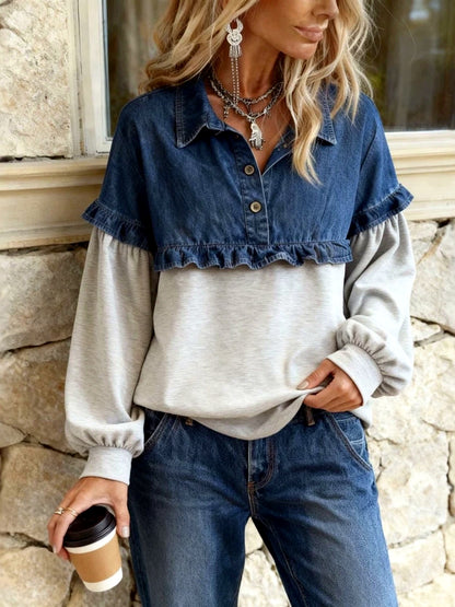 Women's Denim Patchwork Relaxed-Fit Long-Sleeve Sweatshirt - product detail view 2