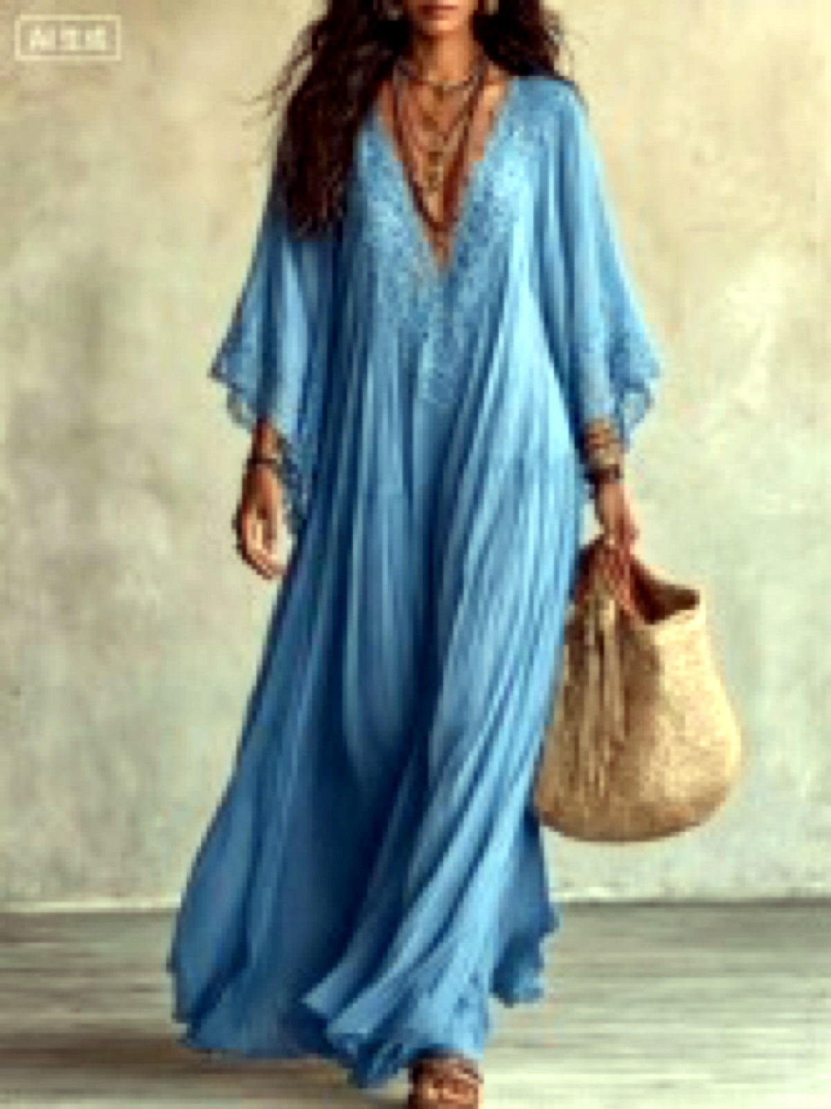 Women's Lace-Trim Patchwork Batwing-Sleeve Longline Dress in Blue - product view